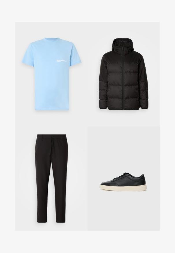 Mustikas puffer-jakk sisaldab tõmblukku, kapuutsi, tikandiga osi ja elastseid mansette, valmistatud siledast veekindlast materjalist.; Hele sinine puuvillane T-särk, milles on ümar kaelus ja lühikesed varrukad. Vasakul rinnal on väike valge "KARL LAGERFELD JEANS" tekst.; Mustad jogger-püksid, mis on valmistatud siledast kangast. Omavad elastset pihaotsikut koos paelaga, kitsenevaid jalaosi ja nähtamatuid taskuid. Lihtne disain.; Mustad musta nahast madal sneaker mustade nööpidega ja kreemivalge tallaga, nähtud külgprofiilis valge tausta ees.