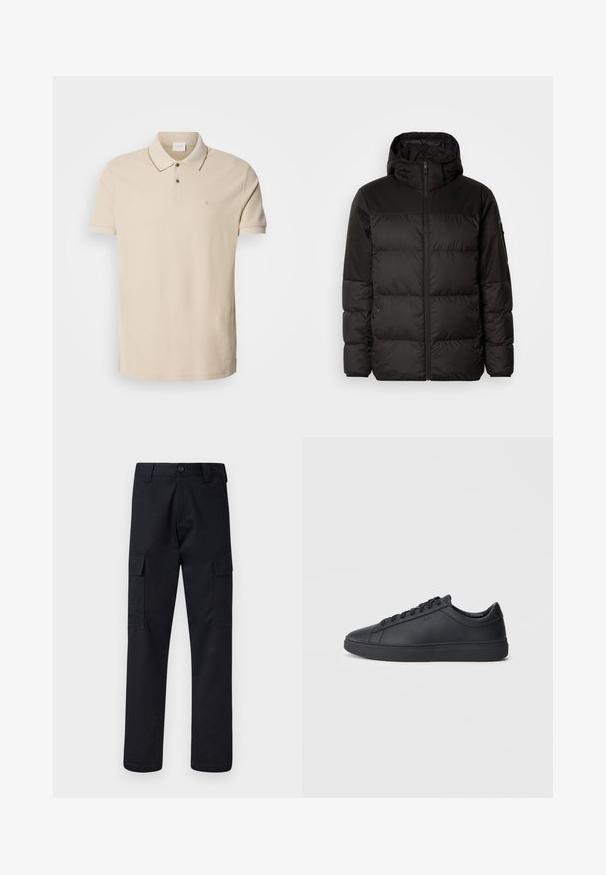 A jaqueta puffer preta apresenta um fecho zip, um capuz, secções acolchoadas e punhos elásticos, confeccionada em um material liso e resistente à água.; Polo bege feito em algodão, com uma pala de dois botões, mangas curtas e um pequeno logótipo no peito. Detalhe de costura em contraste.; Calças cargo pretas feitas de tecido resistente, com corte de perna direita, dois bolsos laterais e fecho de botão na cintura.; Ténis pretos feitos de couro liso com um design de cano baixo, bico redondo e sola de borracha plana. Apresentam atacadores e uma marcação discreta.