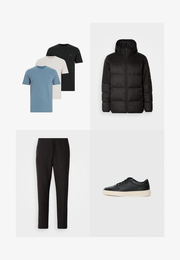 Geacă puffer neagră cu închidere cu fermoar, glugă, secțiuni quilted și manșete elastice, realizată dintr-un material neted, rezistent la apă.; AllSaints BRACE TONIC 3 PACK - Tricou basic - blue/grey/black; Pantaloni de jogging negri, confecționați dintr-un material neted. Prezintă un talie elastică cu șnur, picioare conice și fără buzunare vizibile. Design simplu.; Sneaker din piele neagră, cu vârf jos, cu șireturi negre și talpă de un alb murdar, prezentat în profil lateral, pe un fundal alb.