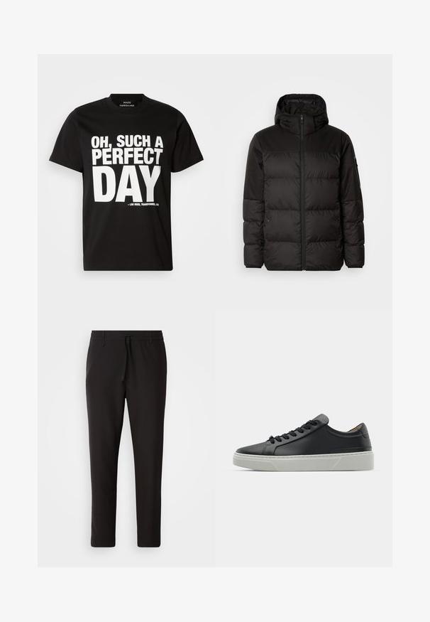 Crna puf jakna ima zatvaranje na zip, kapuljaču, kviltane dijelove i elastične manžete, izrađena je od glatkog, vodootpornog materijala.; Crna kratkotrajna majica s kratkim rukavima od pamuka s hrabrim bijelim tekstom: "OH, KAKAV SAVRŠEN DAN" s referencom na album Lou Reeda.; Crne jogger hlače od glatkog materijala. Imaju elastičnu waistband s vezicom, sužene nogavice i bez vidljivih džepova. Jednostavan dizajn.; Crne kožne tenisice s glatkom teksturom, okruglim vrhom i crnim čipkastim vezicama. Imaju debeo bijeli gumeni potplat s suptilnim geometrijskim naglascima.