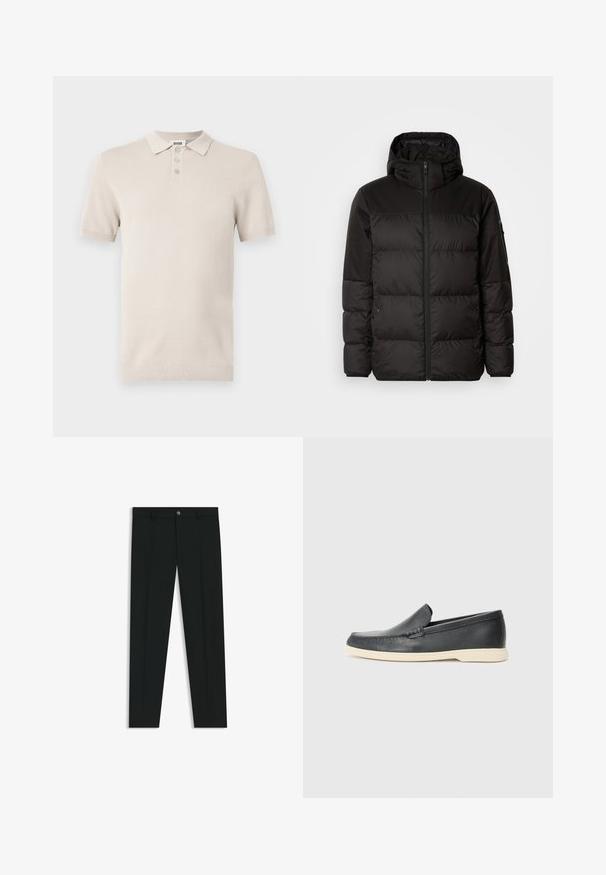 Svart puffjacka med blixtlås, huva, quiltade sektioner och elastiska mudd, tillverkad av ett slätt, vattentåligt material.; Kortärmad, ljusbeige polotröja med textilstruktur, treknappsstängning och matchande ribbad krage och nederkant.; Svarta dressbyxor med rak bendesign, gjorda av ett mjukt tyg. Har stängning med frontknapp och bälteshällor. Enfärgade utan mönster.; Svarta läder slip-on loafers med en texturerad yta och en kontrasterande beige gummisula. Har en subtil accent längs fram.
