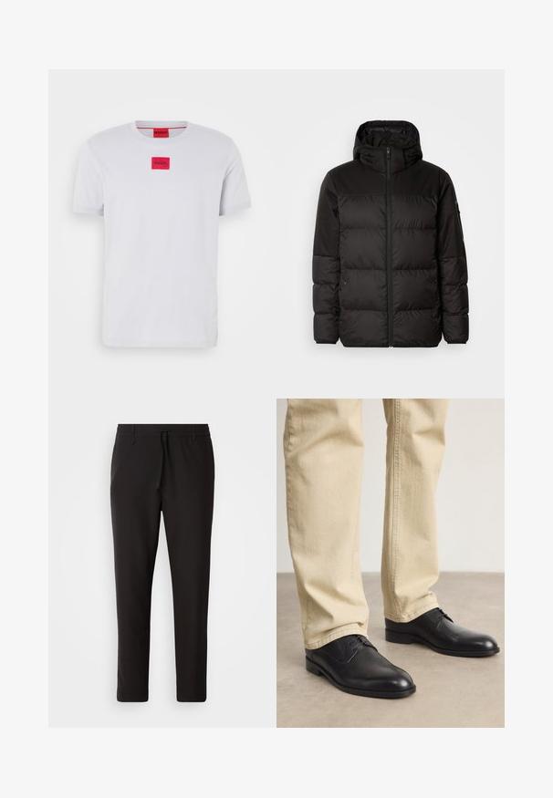Mustikas puffer-jakk sisaldab tõmblukku, kapuutsi, tikandiga osi ja elastseid mansette, valmistatud siledast veekindlast materjalist.; Valge puuvillane T-särk lühikeste varrukatega ja ümar kaelus, millel on rinnas keskel punane tikandiga ruudukujuline logo.; Mustad jogger-püksid, mis on valmistatud siledast kangast. Omavad elastset pihaotsikut koos paelaga, kitsenevaid jalaosi ja nähtamatuid taskuid. Lihtne disain.; Mustad musta nahast nööriga kengad, millel on ümmargune nina, sile viimistlus ja peened õmblusdetailid, kantud heledate beezide pükstega.