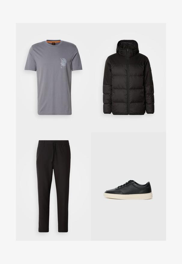 Čierna prešívaná bunda má zips, kapucňu, prešívané sekcie a elastické manžety, vyrobená z hladkého, vodeodolného materiálu.; Šedé bavlnené tričko s okrúhlym výstrihom, krátkymi rukávmi a grafickou potlačou na ľavej hrudi. Štítok vo vnútri má oranžové akcenty.; Čierne jogger nohavice vyrobené z hladkej tkaniny. Majú elastický pás s šnúrkou, zúžené nohavice a žiadne viditeľné vrecká. Jednoduchý dizajn.; Čierne nízkoprevádzkové kožené tenisky s čiernymi šnúrkami a krémovou podrážkou zobrazené v bočnom profile na bielom pozadí.