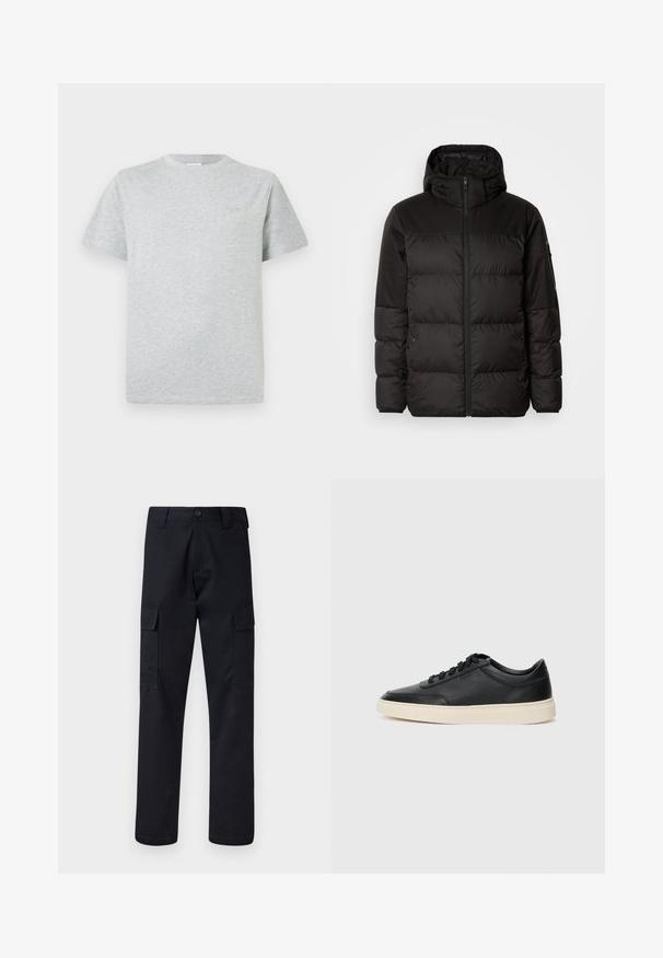 Juodas pūkinis švarkas turi užtrauktuką, gobtuvą, siūlinčius skyrius ir elastinius rankogalius, pagamintas iš lygaus, vandeniui atsparaus medžiagos.; Pilkos spalvos medvilnės marškinėliai trumpomis rankovėmis, tiesaus kirpimo, su subtiliu logotipu krūtinėje. Minkšta tekstūra su paprastu dizainu.; Juodi cargo kelnės, pagamintos iš tvirto audinio, su tiesiu kirpimu, dviem šoninėmis kišenėmis ir mygtukiniu užsegimu juosmenyje.; Juoda žema viršutinė odinė sportbačiai su juodais raišteliais ir kreminiu padu, pateikti šoniniame profilyje ant baltos fono.