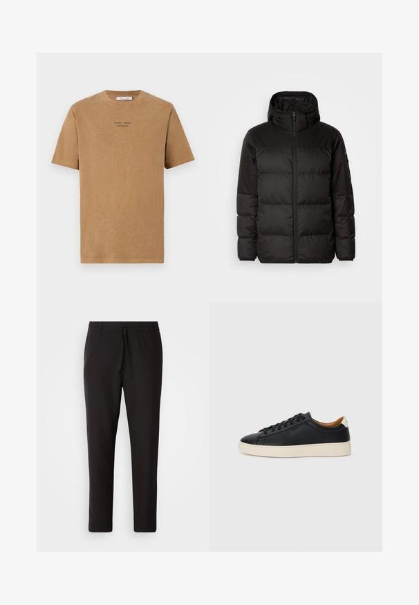 Crna puf jakna ima zatvaranje na zip, kapuljaču, kviltane dijelove i elastične manžete, izrađena je od glatkog, vodootpornog materijala.; Smeđa pamučna majica s okruglim izrezom, kratkim rukavima i crnim natpisom "SAMSE SAMSE COPENHAGEN" na prednjoj strani.; Crne jogger hlače od glatkog materijala. Imaju elastičnu waistband s vezicom, sužene nogavice i bez vidljivih džepova. Jednostavan dizajn.; Crne kožne tenisice s glatkom teksturom, bež gumeni đon, dizajn s vezicama i kontrastni detalj na peti.