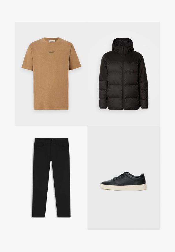 Schwarze Pufferjacke mit Reißverschluss, Kapuze, gesteppten Abschnitten und elastischen Bündchen, hergestellt aus einem glatten, wasserabweisenden Material.; Braunes Baumwoll-T-Shirt mit Rundhalsausschnitt, kurzen Ärmeln und schwarzem Text "SAMSE SAMSE KOPENHAGEN" auf der Vorderseite.; Schwarze Denim-Hosen mit geradem Schnitt, ausgestattet mit einem Standardbund, fünf Taschen und einem Knopfverschluss. Angenehme, glatte Textur.; Schwarzer niedriger Ledersneaker mit schwarzen Schnürsenkeln und cremefarbenem Sohlenrand, seitlich auf weißem Hintergrund dargestellt.