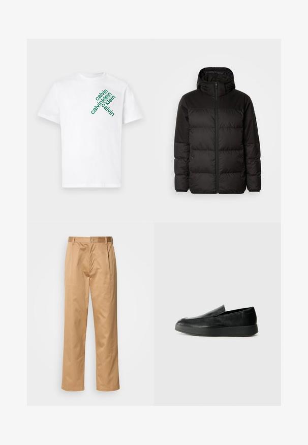 Melna pūkainā jakā iezīmes ir rāvējslēdzēja aizdare, kapuce, kvadrātveida šuves un elastīgas aproces, izgatavota no gludas, ūdensizturīgas vielas.; Balts kokvilnas T-krekls ar zaļu diagonālu tekstu "calvin klein" dažādos izmēros uz priekšpuses. Īsās piedurknes un apaļā izgriezuma dizains.; Khaķi bikses, kokvilnas maisījums, taisna kāja, priekšējās krokas, jostas cilpas un pogu aizdare. Gluda tekstūra bez rakstiem.; Calvin Klein HYBRID CUP - Mokasīni - triple black