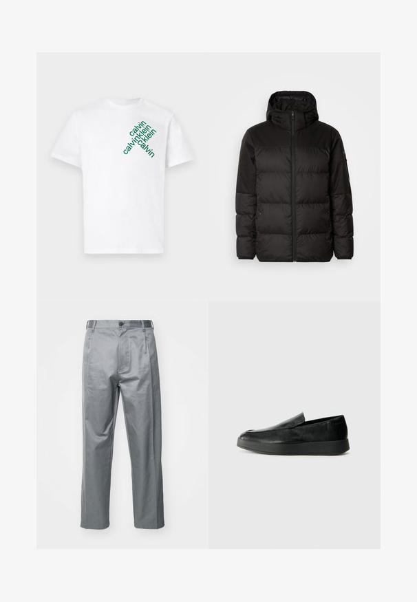Juodas pūkinis švarkas turi užtrauktuką, gobtuvą, siūlinčius skyrius ir elastinius rankogalius, pagamintas iš lygaus, vandeniui atsparaus medžiagos.; Balta medvilnės marškinėliai su žaliais įstrižais užrašais "calvin klein" skirtingais dydžiais priekyje. Trumpomis rankovėmis ir apvaliu iškirpimu.; Pilkos medvilnės mišinio kelnės su tiesiomis kojomis, turinčios priekį mygtuku užsegamas, diržo kilpas ir šonines kišenes.; Calvin Klein HYBRID CUP - Įmautiniai batai - triple black