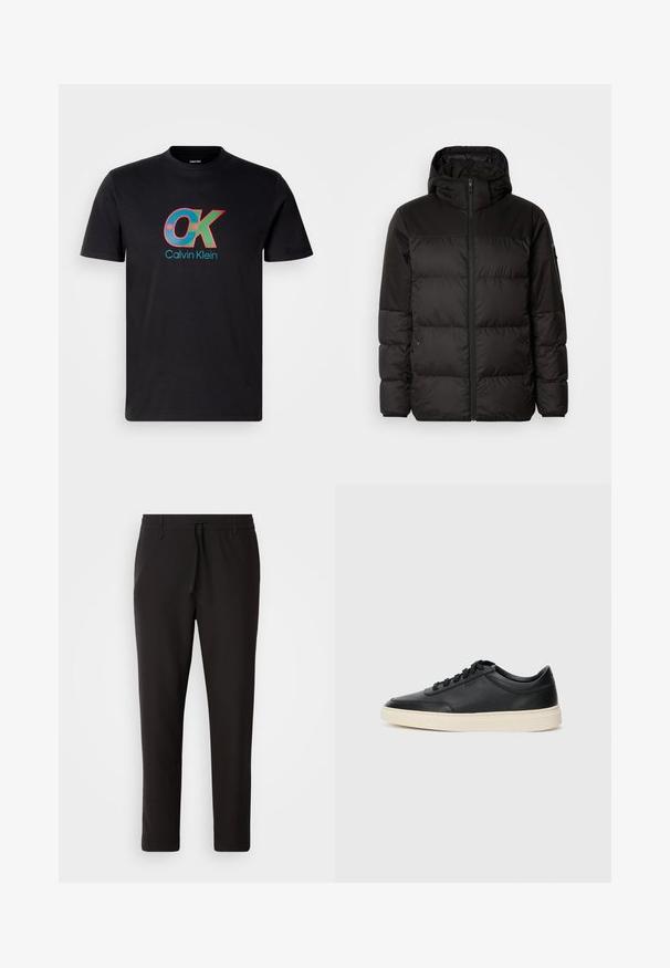 Juodas pūkinis švarkas turi užtrauktuką, gobtuvą, siūlinčius skyrius ir elastinius rankogalius, pagamintas iš lygaus, vandeniui atsparaus medžiagos.; Juodas medvilnės marškinėliai su daugiaspalviu "OK" logo ir "Calvin Klein" tekstu, apvalia iškirpte ir trumpomis rankovėmis.; Juodi džinsai, pagaminti iš lygaus audinio. Yra elastinė juosmens juosta su raišteliu, siaurėjantys džinsai, be matomų kišenių. Paprastas dizainas.; Juoda žema viršutinė odinė sportbačiai su juodais raišteliais ir kreminiu padu, pateikti šoniniame profilyje ant baltos fono.