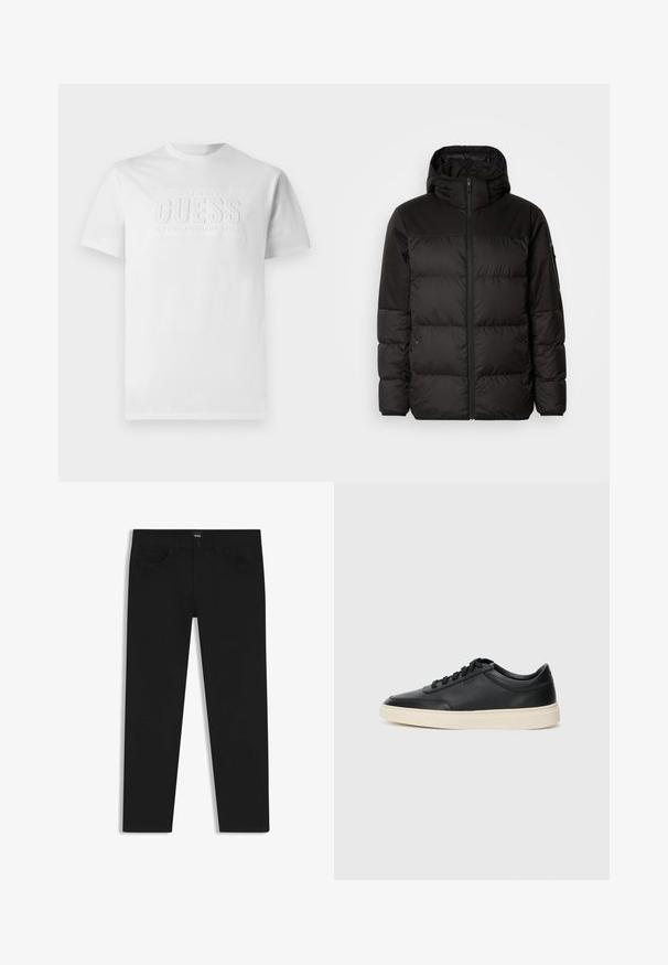Black puffer jacket features a zip closure, a hood, quilted sections, and elastic cuffs, made from a smooth, water-resistant material.; White cotton t-shirt with a crew neck, featuring a textured logo in the center that reads "GUESS EST. 1981 CLASSIC AMERICAN STYLE."; Black denim trousers with a straight cut, featuring a standard waistband, five pockets, and a button closure. Smooth texture throughout.; Black low-top leather sneaker with black laces and off-white sole shown in side profile on white background.