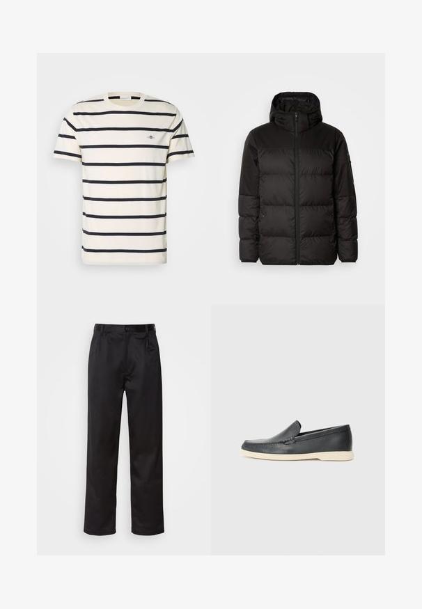 Melna pūkainā jakā iezīmes ir rāvējslēdzēja aizdare, kapuce, kvadrātveida šuves un elastīgas aproces, izgatavota no gludas, ūdensizturīgas vielas.; Vīriešu īsām piedurknēm T-krekls krēmkrāsā ar tumši ziliem horizontāliem svītrojumiem, izgatavots no kokvilnas, ar apaļu kakla izgriezumu un mazu logo uz krūtīm.; Melnas bikses, kas izgatavotas no gludas auduma, ar priekšējo pogu aizdari, krokām un taisnām kājām. Nav redzamu rakstu vai akcentu.; Melni ādas kurpes, kas valkājas uz slip-on principa, ar teksturētu apdari un kontrastējošu beigu gumijas zoli. Iespējama smalka apdare priekšpusē.