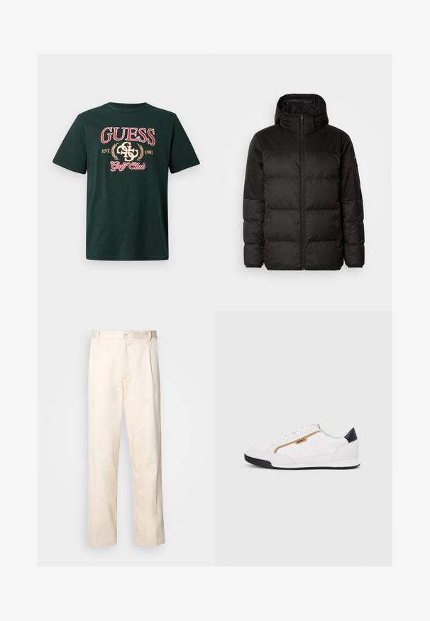Juodas pūkinis švarkas turi užtrauktuką, gobtuvą, siūlinčius skyrius ir elastinius rankogalius, pagamintas iš lygaus, vandeniui atsparaus medžiagos.; Žalias medvilnės marškinėliai su raižyta raudona "GUESS" inscription, siuvinėtu logotipu ir tekstu "Golf Club". Trumpomis rankovėmis ir apvaliu kaklu.; Bežinės medvilninės kelnės su tiesiu kirpimu, turinčios mygtuko uždarymą ir priekyje raukšles papildomai dekoratyviam akcentui.; Balti sportiniai bateliai su tinklinėmis ir odinėmis detalėmis. Yra auksinė "BOSS" logotipas, tekstūruoti šonai ir juodas kulno dangtelis. Guminis padas.