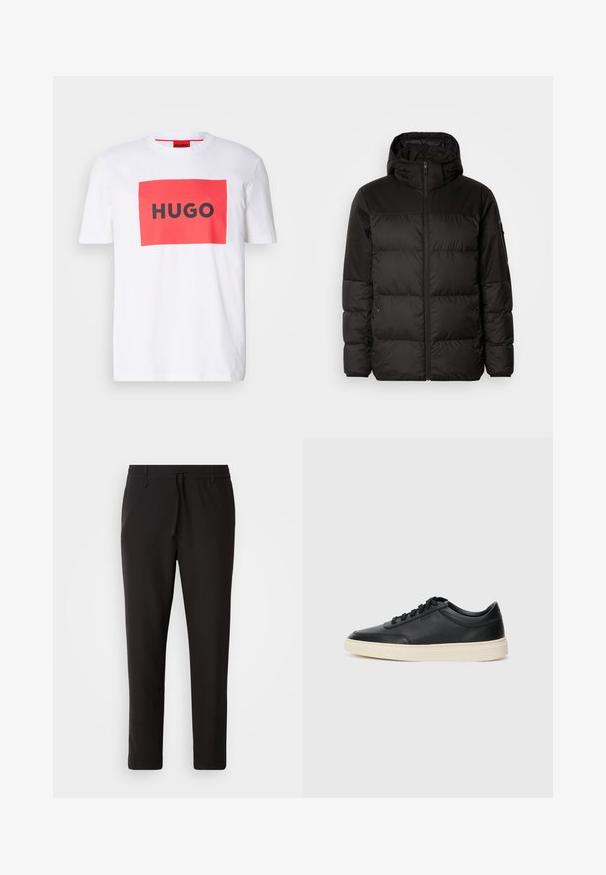 Black puffer jacket features a zip closure, a hood, quilted sections, and elastic cuffs, made from a smooth, water-resistant material.; White cotton t-shirt with a red rectangular graphic and bold black text "HUGO" in the center. Short sleeves, crew neck design.; Black jogger pants made of smooth fabric. Feature an elastic waistband with a drawstring, tapered legs, and no visible pockets. Simple design.; Black low-top leather sneaker with black laces and off-white sole shown in side profile on white background.