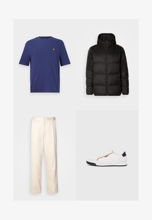 Melna pūkainā jakā iezīmes ir rāvējslēdzēja aizdare, kapuce, kvadrātveida šuves un elastīgas aproces, izgatavota no gludas, ūdensizturīgas vielas.; Tums zila īsās piedurknes T-krekls, izgatavots no teksturēta auduma, ar mazu dzeltenu izšūtu logotipu kreisajā krūtīs.; Bežā krāsā auduma bikses ar taisnu kāju griezumu, pievienotām pogu aizdares un priekšējiem krokām papildu detaļām.; Baltijas krāsā baltas sporta kurpes ar acu un ādas akcentiem. Iezīmējas ar zelta "BOSS" logo, teksturētām sānu paneļiem un melnu papēža kapu. Gumijas zole.