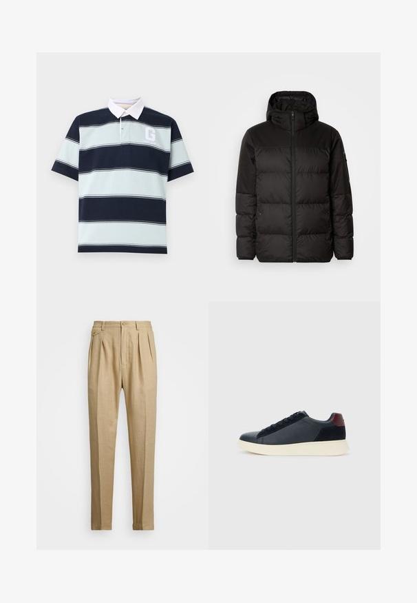A jaqueta puffer preta apresenta um fecho zip, um capuz, secções acolchoadas e punhos elásticos, confeccionada em um material liso e resistente à água.; Camisa polo em azul claro com riscas azul marinho. Mangas curtas, gola branca e logótipo no peito com a letra "G". Material de algodão, ajuste descontraído.; Calças de linho bege com corte reto, apresentando dois plissados frontais, fecho com botão e bolsos laterais. Tecido texturizado com um acabamento suave.; Sapatilha baixa masculina em couro preto e camurça com aba de calcanhar em amarelo-escuro e sola de borracha branca, vista do lado exterior.