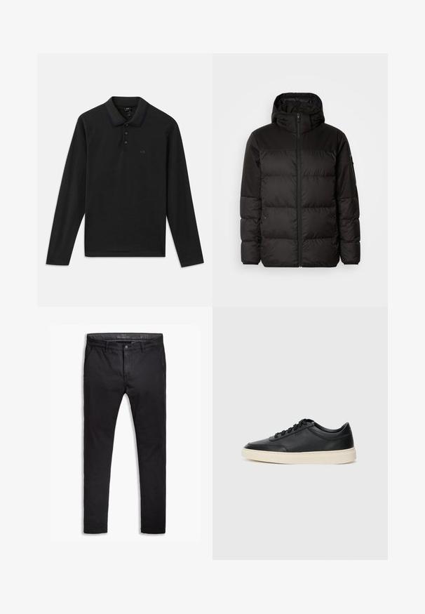 Crna puf jakna ima zatvaranje na zip, kapuljaču, kviltane dijelove i elastične manžete, izrađena je od glatkog, vodootpornog materijala.; Crna dugosrajna polo majica s rebrastim ovratnikom, s tri gumba na prednjem dijelu i suptilnim logotipom na prsima. Mekani pamučni materijal.; Crne pamučne chinos hlače s taper fit krojem, koje imaju pet džepova, petlje za pojas i glatku teksturu. Rajfski zatvarač s kopčom na dugme.; Crne niske kožne tenisice s crnim vezicama i kremasto bijelom potplatom prikazane u bočnom profilu na bijeloj pozadini.