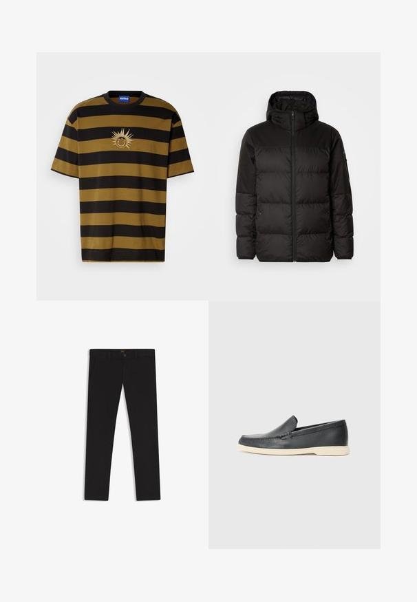 Zwarte pufferjas met ritsluiting, een capuchon, gequiltte secties en elastische manchetten, gemaakt van een glad, waterafstotend materiaal.; Gestreepte T-shirt met korte mouwen in zwart en donkerolijf, met een zonafbeelding en 'HUGO' branding in crème borduring.; Zwarte broek van stof met een gladde textuur. Bevat een knoopsluiting, riemlussen en zijzakken. Standaard straight-leg ontwerp.; Zwarte leren instappers met een gestructureerde afwerking en een contrasterende beige rubberen zool. Beschikt over een subtiele accent langs de voorkant.