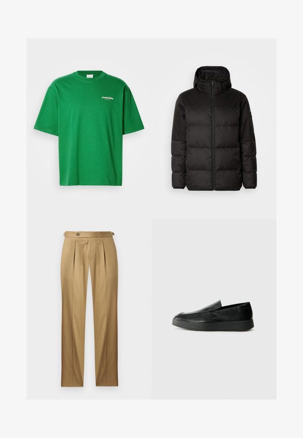 Melna pūkainā jakā iezīmes ir rāvējslēdzēja aizdare, kapuce, kvadrātveida šuves un elastīgas aproces, izgatavota no gludas, ūdensizturīgas vielas.; Zaļš kokvilnas T-krekls ar brīvu piegriezumu, īsām piedurknēm un apaļu kakla izgriezumu. Priekšpusē ir neliels balts logotips.; Bēša krāsas bikses ar taisnu piegriezumu, ar krokām, pogas aizdari un jostas cilpām. Gluda auduma ar tīru, šūtu izskatu.; Calvin Klein HYBRID CUP - Čības - triple black