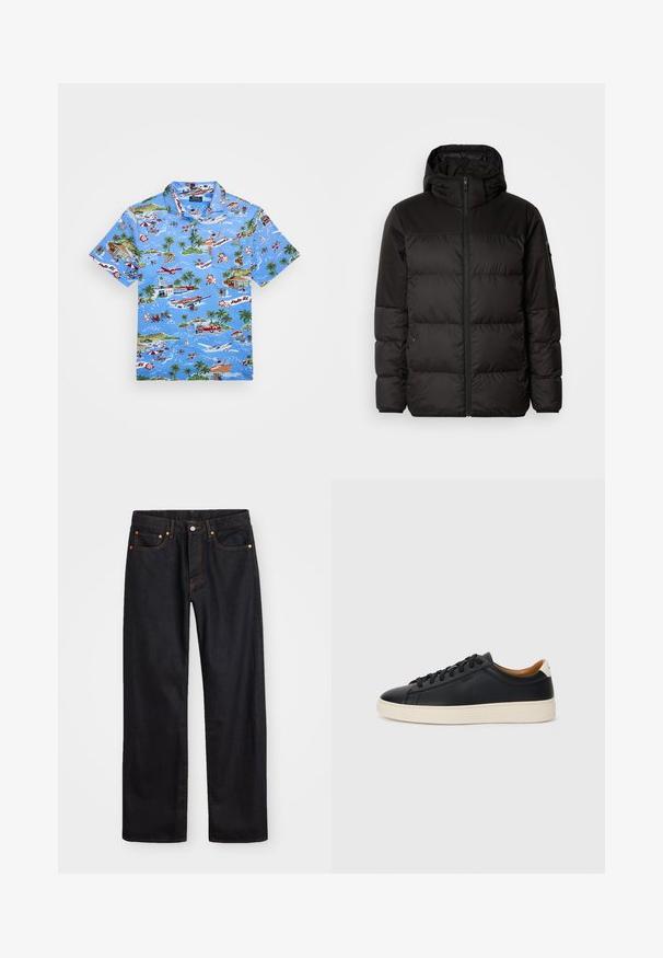 Μαύρο μπουφάν με φερμουάρ, κουκούλα, παραγεμισμένα τμήματα και ελαστικές μανσέτες, κατασκευασμένο από λείο, αδιάβροχο υλικό.; Πουκάμισο κοντό μανίκι με γιακά σε ανοιχτό μπλε χρώμα με τροπικό μοτίβο, που απεικονίζει βάρκες, φοινίκες και λουλούδια, κατασκευασμένο από ύφασμα που αναπνέει.; Ανδρικό τζιν παντελόνι σε ευθεία γραμμή, μαύρου χρώματος, με πέντε τσέπες και πορτοκαλί ραφές, με κουμπί και φερμουάρ στον μπροστινό ιμάντα.; Μαύρα δερμάτινα παπούτσια αθλητικά με λεία υφή, μπεζ καουτσούκ σόλα, σχέδιο με κορδόνια και αντίθεση στη φτέρνα.