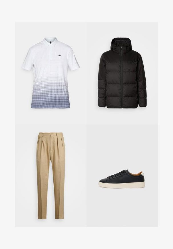 Svart puffjacka med blixtlås, huva, quiltade sektioner och elastiska mudd, tillverkad av ett slätt, vattentåligt material.; Vit pikétröja med korta ärmar och navyblå gradientprickmönster, med en liten navy-logotyp på vänster bröst.; Beiga linnbyxor med rak passform, med två framveck, knappstängning och sidofickor. Strukturerad tyg med en mjuk yta.; Svarta lädersneakers med en slät yta, beige gummisula, snörning och en kontrasterande hälackcent.