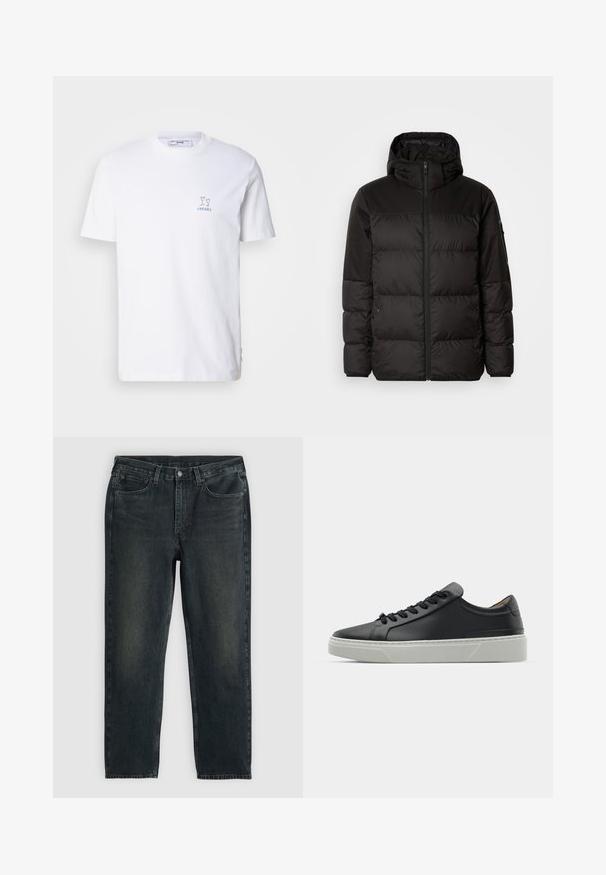Sort pufferjakke med lynlås, hætte, quiltede sektioner og elastiske manchetter, lavet af et glat, vandafvisende materiale.; Hvid bomulds T-shirt med korte ærmer, der har en lille blå grafik af to glas og ordet "CHEERS" trykt nedenfor.; Mørkeblå denimjeans med lige ben, der har fem lommer, lynlås og kontrasterende syninger. Diskret falming på stoffet.; Sort lædersneaker med en glat overflade, rund tå og sorte snørebånd. Har en tykk, hvid gummisål med subtile geometriske detaljer.