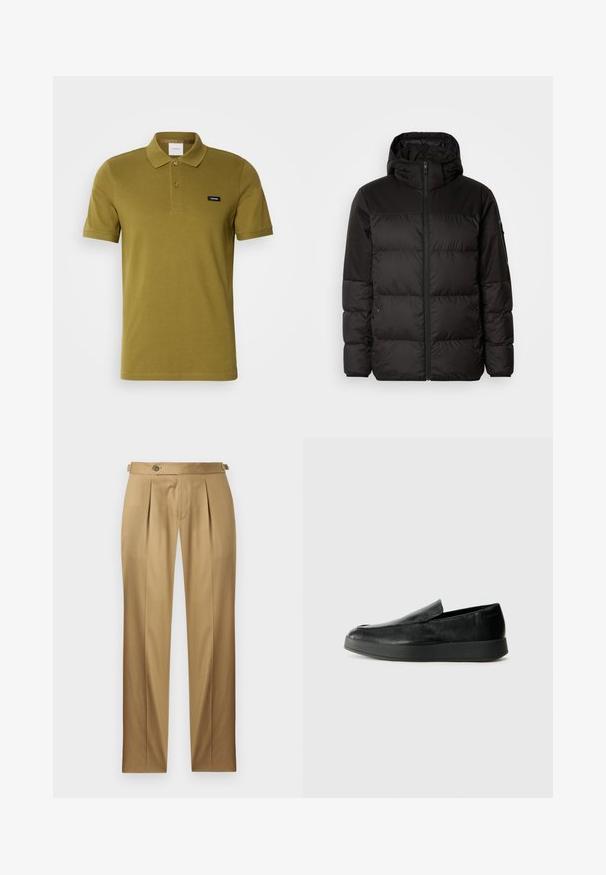 Il giubbotto puffo nero presenta una chiusura con zip, un cappuccio, sezioni trapuntate e polsini elastici, realizzato in un materiale liscio e resistente all'acqua.; Polo shirt verde oliva realizzato in cotone morbido. Presenta un colletto classico, due bottoni e un piccolo logo del marchio sul lato sinistro del petto. Maniche corte.; Pantaloni beige con vestibilità dritta, caratterizzati da pinces, chiusura con bottone e passanti per cintura. Tessuto liscio con un aspetto pulito e sartoriale.; Calvin Klein HYBRID CUP - Scarpe senza lacci - triple black
