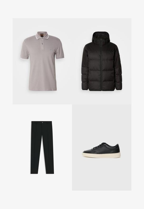 Svart puffjacka med blixtlås, huva, quiltade sektioner och elastiska mudd, tillverkad av ett slätt, vattentåligt material.; Grå pikétröja i mjuk bomull, med en tvåknappsslutning, vita krageinslag och en liten logotyp på bröstet.; Svarta dressbyxor med rak bendesign, gjorda av ett mjukt tyg. Har stängning med frontknapp och bälteshällor. Enfärgade utan mönster.; Svart låg skor i läder med svarta snören och off-white sula, visas i sidoprofil på vit bakgrund.