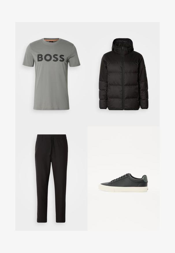 La chaqueta acolchada negra tiene un cierre de cremallera, capucha, secciones acolchadas y puños elásticos, hecha de un material suave y resistente al agua.; BOSS THINKING - Camiseta estampada - open grey; Pantalones de chándal negros de tejido suave. Cuentan con una cintura elástica con cordón, piernas ajustadas y sin bolsillos visibles. Diseño sencillo.; Zapatilla negra de cuero con acabado texturizado, suela de goma blanca, puntera redonda y detalle verde en el talón. Diseño de cordones con seis ojales.