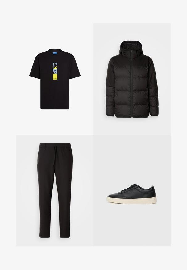 Mustikas puffer-jakk sisaldab tõmblukku, kapuutsi, tikandiga osi ja elastseid mansette, valmistatud siledast veekindlast materjalist.; Mustalane puuvillane T-särk ümmarguse kaelusega. Esipaneelil on vertikaalne graafiline disain, mis ühendab sinise, kollase ja musta elemendid.; Mustad jogger-püksid, mis on valmistatud siledast kangast. Omavad elastset pihaotsikut koos paelaga, kitsenevaid jalaosi ja nähtamatuid taskuid. Lihtne disain.; Mustad musta nahast madal sneaker mustade nööpidega ja kreemivalge tallaga, nähtud külgprofiilis valge tausta ees.