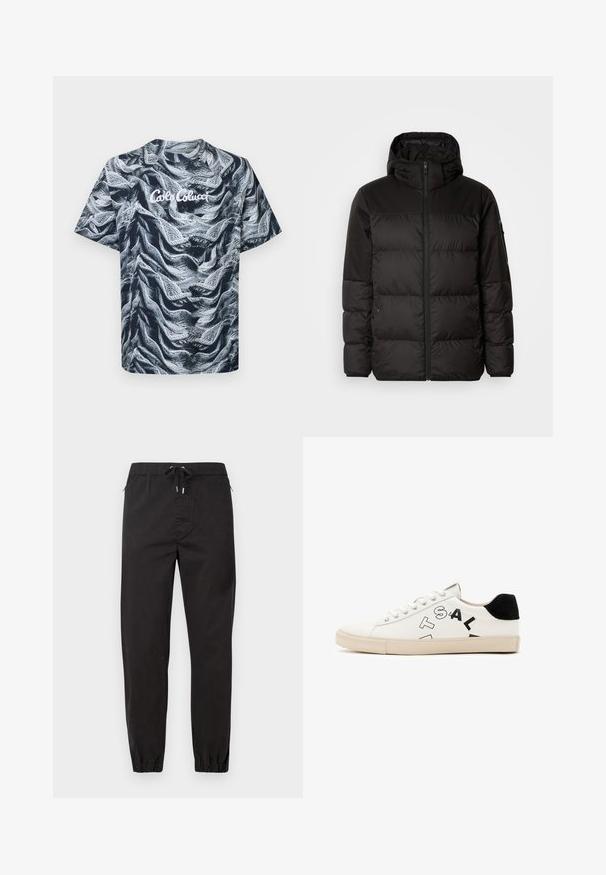 Mustikas puffer-jakk sisaldab tõmblukku, kapuutsi, tikandiga osi ja elastseid mansette, valmistatud siledast veekindlast materjalist.; Lühikese varrukaga, ümarkaelusega t-särk, millel on must-valge tekstuuritud abstraktne muster ja millel on valge kiri "Cabo Colucci".; Mustad, kitsaskudumistega püksid, mis on valmistatud kergest kangast. Omab elastset vöökohta, nööriga, küljetaskut ja elastseid mansette pahkluudel.; Valge nahkne tennis, millel on mustad aktsendid kandadel, julged mustad tähed küljel ja kummist tald. Minimalistlik disain.