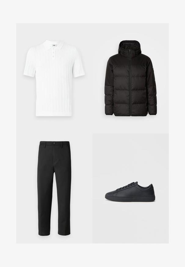 La doudoune noire est dotée d'une fermeture éclair, d'une capuche, de sections matelassées et de poignets élastiques, fabriquée à partir d'un matériau lisse et résistant à l'eau.; Polo shirt blanc à manches courtes en tissu tricoté texturé, avec un col et une patte de boutonnage à trois boutons, présentant un fin motif de côtes verticales.; Pantalons noirs avec une coupe droite, fabriqués dans un tissu lisse. Dotés d'une fermeture à bouton et de passants de ceinture. Aucune motif ou accent visible.; Baskets noires en cuir lisse avec un design bas, bout rond et semelle en caoutchouc plate. Elles sont dotées de lacets et d'un branding subtil.