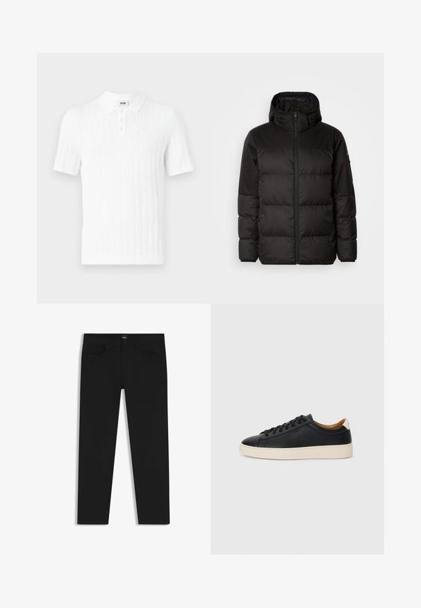 La chaqueta acolchada negra tiene un cierre de cremallera, capucha, secciones acolchadas y puños elásticos, hecha de un material suave y resistente al agua.; Camisa polo de manga corta blanca, hecha de tejido de punto texturizado, que presenta un cuello y una tapeta de tres botones, con un sutil patrón de rayas verticales.; Pantalones de mezclilla negros con corte recto, que cuentan con una cinturilla estándar, cinco bolsillos y un cierre de botón. Textura suave en toda su superficie.; Zapatillas negras de cuero con una textura suave, suela de goma beige, diseño de cordones y un acento en el talón de color contrastante.