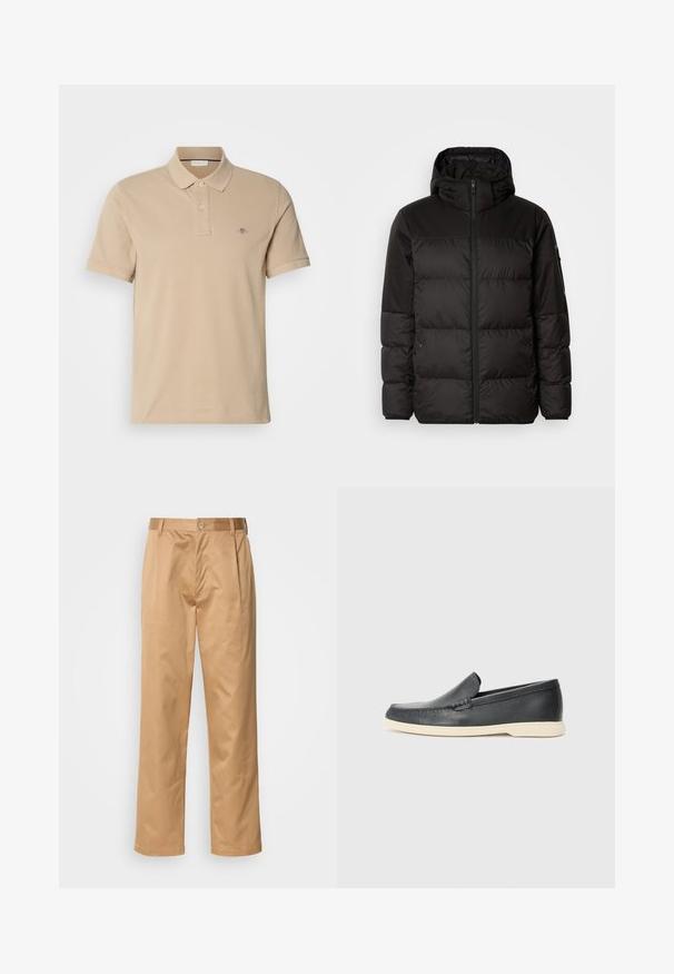 A jaqueta puffer preta apresenta um fecho zip, um capuz, secções acolchoadas e punhos elásticos, confeccionada em um material liso e resistente à água.; Polo bege feito de algodão, com um colarinho abotoado, mangas curtas e um pequeno logótipo bordado no peito. Textura suave.; Calças caqui, mistura de algodão, design de pernas retas, pregas frontais, passantes para cinto e fecho com botão. Textura suave sem padrões.; Mocassins pretos em couro com acabamento texturizado e sola de borracha bege em contraste. Apresenta um detalhe subtil na parte da frente.