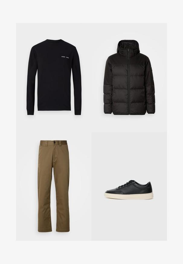 Black puffer jacket features a zip closure, a hood, quilted sections, and elastic cuffs, made from a smooth, water-resistant material.; Black long-sleeve T-shirt made of cotton, featuring a crew neck and dual white "SAMSØE" logo prints on the left chest area.; Brown, straight-leg pants made of woven fabric. Features a button closure, side pockets, and a smooth texture. Tailored fit.; Black low-top leather sneaker with black laces and off-white sole shown in side profile on white background.