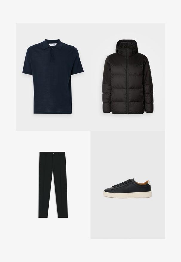 Musta puhvijakku sisältää vetoketjun, hupun, tilkuista koostuvia osioita ja joustavat hihansuut. Se on valmistettu sileästä, vedenpitävästä materiaalista.; Tummansininen polo-paita, joka on valmistettu pehmeästä materiaalista. Lyhyet hihat, klassinen kaulus, kolme nappia ja rento istuvuus.; Musta housut, joissa on suora lahje, valmistettu sileästä kankaasta. Edessä nappisulku ja vyölenkit. Yksinkertainen ilman kuvioita.; Mustat nahkasneakerit, joissa on sileä pinta, beige kumipohja, nauhakiinnitys ja erottuva kanta-aksentti.