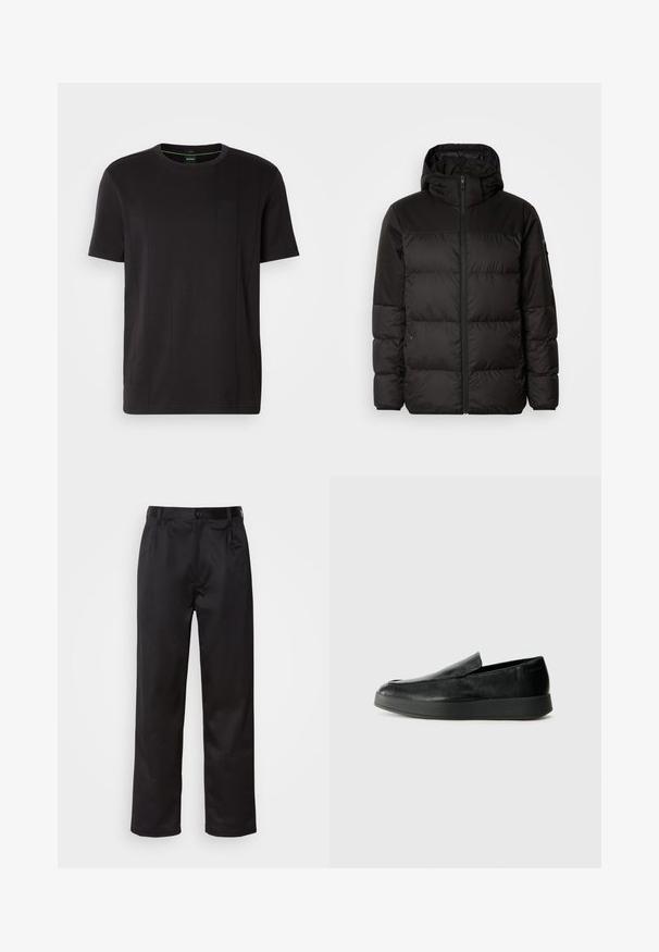 Melna pūkainā jakā iezīmes ir rāvējslēdzēja aizdare, kapuce, kvadrātveida šuves un elastīgas aproces, izgatavota no gludas, ūdensizturīgas vielas.; Melna īsām piedurknēm T-kreklu, kas izgatavots no mīkstas auduma. Tam ir apaļa kakla izgriezums un neliela kvadrāta kabata kreisajā krūšu daļā. Vienkāršs dizains.; Melnas bikses, kas izgatavotas no gludas auduma, ar priekšējo pogu aizdari, krokām un taisnām kājām. Nav redzamu rakstu vai akcentu.; Calvin Klein HYBRID CUP - Čības - triple black