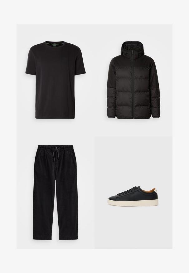 Μαύρο μπουφάν με φερμουάρ, κουκούλα, παραγεμισμένα τμήματα και ελαστικές μανσέτες, κατασκευασμένο από λείο, αδιάβροχο υλικό.; Μαύρη κοντομάνικη μπλούζα φτιαγμένη από μαλακό ύφασμα. Διαθέτει στρογγυλή λαιμόκοψη και μια μικρή τετράγωνη τσέπη στην αριστερή πλευρά του στήθους. Απλός σχεδιασμός.; Μαύρο παντελόνι κοτλέ με άνετη εφαρμογή, διαθέτοντας ελαστική μέση με κορδόνι και πλαϊνές τσέπες. Ουσιαστικά, το ύφασμα έχει ριγωτή υφή.; Μαύρα δερμάτινα παπούτσια αθλητικά με λεία υφή, μπεζ καουτσούκ σόλα, σχέδιο με κορδόνια και αντίθεση στη φτέρνα.