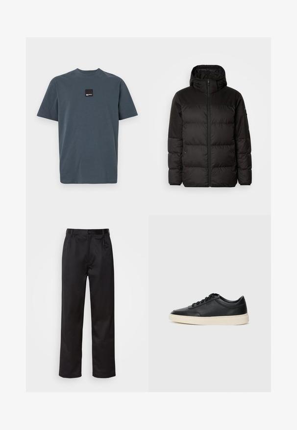 Black puffer jacket features a zip closure, a hood, quilted sections, and elastic cuffs, made from a smooth, water-resistant material.; Dark grey, short-sleeve t-shirt made of cotton with a crew neck. Features a small black square label on the chest. Soft texture.; Black trousers made of smooth fabric, featuring a front button closure, pleats, and straight legs. No visible patterns or accents.; Black low-top leather sneaker with black laces and off-white sole shown in side profile on white background.