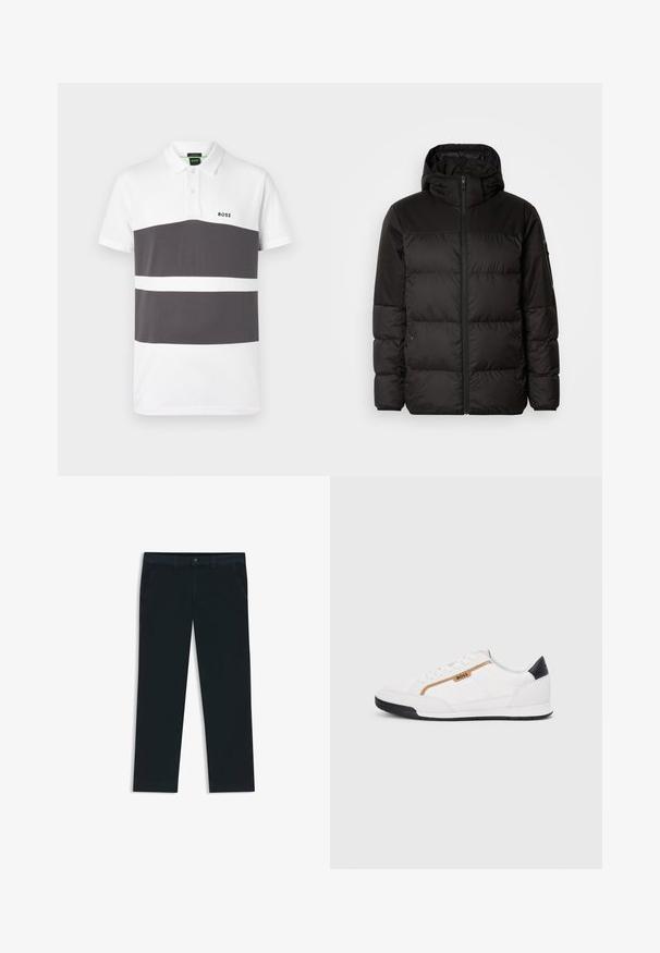 Zwarte pufferjas met ritsluiting, een capuchon, gequiltte secties en elastische manchetten, gemaakt van een glad, waterafstotend materiaal.; Polo shirt in wit en donkergrijs met drie horizontale strepen. Bevat een klassieke kraag, korte mouwen en een klein logo op de borst.; Donkerblauwe chino's gemaakt van een katoenmix stof. Voorzien van riemlussen, front pockets en een rits met knoopsluiting.; Witte sportieve schoenen met gaas- en lederen accenten. Voorzien van een gouden "BOSS" logo, gestructureerde zijpanelen en een zwarte hakkap. Rubberen zool.