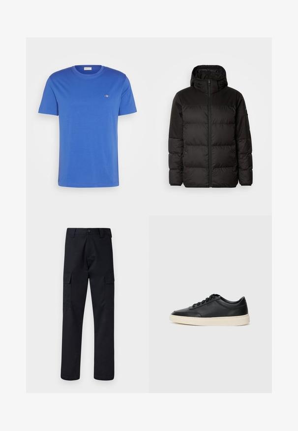 Black puffer jacket features a zip closure, a hood, quilted sections, and elastic cuffs, made from a smooth, water-resistant material.; Blue short-sleeve t-shirt made of cotton. Features a round neckline and a small logo embroidered on the chest. Smooth texture.; Black cargo pants made of sturdy fabric, featuring a straight-leg cut, two side pockets, and a button closure at the waistband.; Black low-top leather sneaker with black laces and off-white sole shown in side profile on white background.