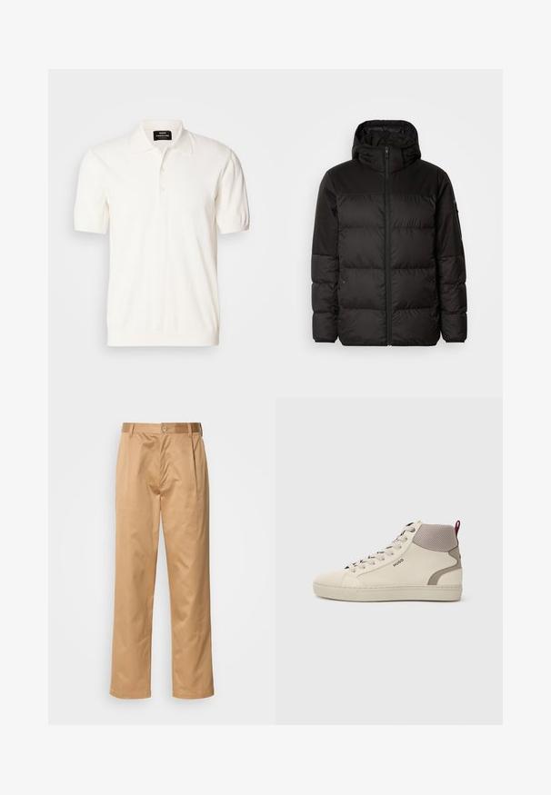 Schwarze Pufferjacke mit Reißverschluss, Kapuze, gesteppten Abschnitten und elastischen Bündchen, hergestellt aus einem glatten, wasserabweisenden Material.; Kurzärmliges Poloshirt aus off-white Baumwolle mit klassischem Kragen und drei Knöpfen, das eine glatte, weiche Textur aufweist.; Khaki-Hosen aus Baumwollmischung, im geraden Schnitt, mit Vorderfalten, Gürtelschlaufen und Knopfverschluss. Glatte Textur ohne Muster.; Beige High-Top Sneaker mit hellbraunem Mesh-Kragen, gepolstertem Fersenbereich, Schnürung und "HUGO"-Logo an der Seite.