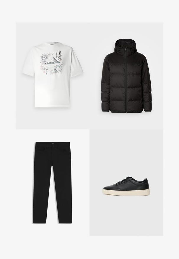 Zwarte pufferjas met ritsluiting, een capuchon, gequiltte secties en elastische manchetten, gemaakt van een glad, waterafstotend materiaal.; Witte katoenen t-shirt met korte mouwen, voorzien van een grafisch ontwerp van de Fuji-berg omringd door bloemen en Japanse tekst in een multikleurig ontwerp.; Zwarte denim broek met een rechte snit, voorzien van een standaard tailleband, vijf zakken en een knoopsluiting. Gladde textuur overal.; Zwarte leren sneaker met lage schacht, zwarte veters en off-white zool, weergegeven in zijprofiel op een witte achtergrond.