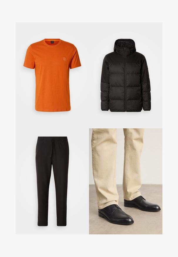 Čierna prešívaná bunda má zips, kapucňu, prešívané sekcie a elastické manžety, vyrobená z hladkého, vodeodolného materiálu.; Tričko s krátkym rukávom v jasne oranžovej bavlne. Má malé štvorcové logo na ľavej hrudi a klasický dizajn okrúhleho výstrihu.; Čierne jogger nohavice vyrobené z hladkej tkaniny. Majú elastický pás s šnúrkou, zúžené nohavice a žiadne viditeľné vrecká. Jednoduchý dizajn.; Čierne kožené šnurovacie topánky s okrúhlou špičkou, hladkým povrchom a jemnými detailmi prešitia, nosené so svetlo béžovými nohavicami.