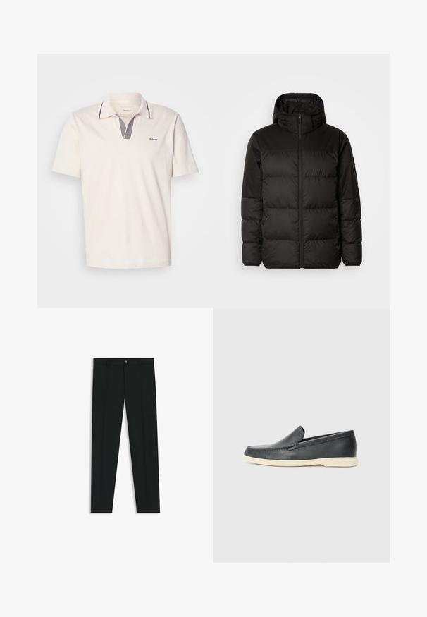 La chaqueta acolchada negra tiene un cierre de cremallera, capucha, secciones acolchadas y puños elásticos, hecha de un material suave y resistente al agua.; Camisa polo crema con diseño de cuello en V que presenta acentos a rayas en navy y blanco, mangas cortas y un pequeño logo en el lado izquierdo del pecho.; Pantalones de vestir negros con un diseño de pierna recta, hechos de una tela suave. Cuentan con un cierre frontal de botón y lazos para cinturón. Liso, sin patrones.; Mocasines de piel negra sin cordones con un acabado texturizado y una suela de goma beige en contraste. Presentan un sutil acento en la parte frontal.