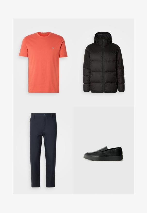 Zwarte pufferjas met ritsluiting, een capuchon, gequiltte secties en elastische manchetten, gemaakt van een glad, waterafstotend materiaal.; Katoenen t-shirt met korte mouwen in koraalkleur, met een ronde hals en een klein geborduurd logo op de borst. Gladde textuur en reguliere pasvorm.; Marineblauwe op maat gemaakte broek van gladde stof, met een ritszak, rechte pijpen en een knoopsluiting bij de taille.; Calvin Klein HYBRID CUP - Instappers - triple black