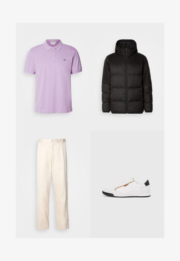 Čierna prešívaná bunda má zips, kapucňu, prešívané sekcie a elastické manžety, vyrobená z hladkého, vodeodolného materiálu.; GANT REG SHIELD SS - Polokošeľa - orchid lilac; Béžové bavlnené nohavice so strihom rovného nohu, s gombíkovým zapínaním a záhybmi vpredu pre pridanie detailu.; Biele športové topánky s akcentmi z korku a kože. Obsahujú zlaté logo "BOSS", textúrované bočné panely a čierny pätník. Gumová podrážka.