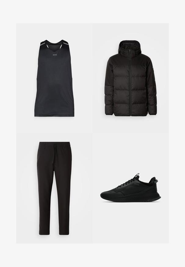 Black puffer jacket features a zip closure, a hood, quilted sections, and elastic cuffs, made from a smooth, water-resistant material.; Black athletic tank top made of lightweight fabric, featuring a round neckline, perforated texture, and tonal accents on the shoulders.; Black jogger pants made of smooth fabric. Feature an elastic waistband with a drawstring, tapered legs, and no visible pockets. Simple design.; Black athletic shoes with a smooth, textured upper, featuring laces, a padded collar, and a ridged rubber sole for traction.