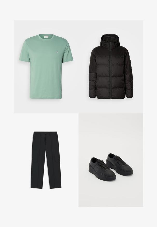 Black puffer jacket features a zip closure, a hood, quilted sections, and elastic cuffs, made from a smooth, water-resistant material.; Light green cotton t-shirt with a crew neckline, short sleeves, and a small emblem near the left chest. Soft texture, regular fit.; Black cargo pants made of nylon. Features an elastic waistband with a drawstring, side pockets, and flat front design.; Black sneakers made of smooth leather with a cushioned sole. Features include flat laces, perforations on the toe, and a sleek silhouette.