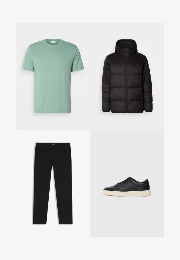 Zwarte pufferjas met ritsluiting, een capuchon, gequiltte secties en elastische manchetten, gemaakt van een glad, waterafstotend materiaal.; Lichtgroene katoen t-shirt met een ronde hals, korte mouwen en een klein embleem nabij de linkerborst. Zachte textuur, reguliere pasvorm.; Zwarte denim broek met een rechte snit, voorzien van een standaard tailleband, vijf zakken en een knoopsluiting. Gladde textuur overal.; Zwarte leren sneaker met lage schacht, zwarte veters en off-white zool, weergegeven in zijprofiel op een witte achtergrond.