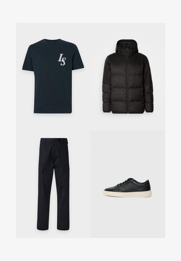 La chaqueta acolchada negra tiene un cierre de cremallera, capucha, secciones acolchadas y puños elásticos, hecha de un material suave y resistente al agua.; Camiseta de algodón azul marino de manga corta, con un logo bordado "LS" en el pecho izquierdo. Diseño clásico de cuello redondo.; Pantalones cargo negros hechos de una tela resistente, con un corte recto en las piernas, dos bolsillos laterales y un cierre de botón en la cintura.; Zapatilla negra de piel de caña baja con cordones negros y suela color crema, mostrada en perfil lateral sobre fondo blanco.
